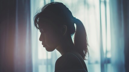 Silhouette of photo of young Asian woman feeling upset. sad. unhappy or disappoint crying lonely in her room. Young people mental health care problem lifestyle concept