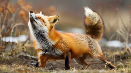 Fototapeta premium Funny red fox stretches. Concept - funny animals in the wild.