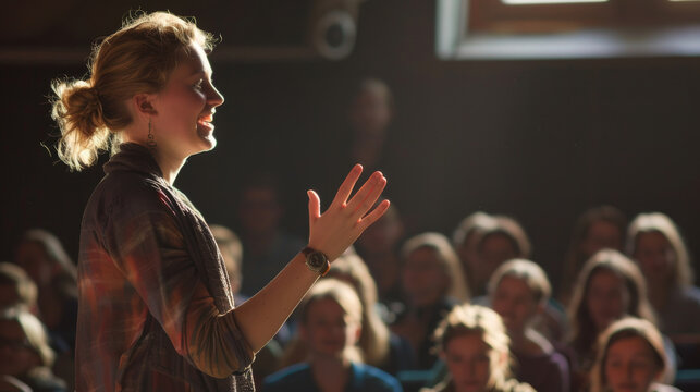 A speaker passionately addresses an attentive audience in a dimly lit room, capturing the intensity and engagement of the moment.