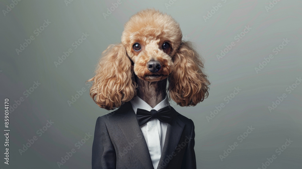 Wall mural A poodle dressed in a tailored suit and bowtie strikes a charming pose against a neutral background.