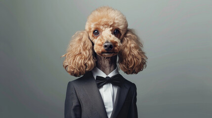 A poodle dressed in a tailored suit and bowtie strikes a charming pose against a neutral background.