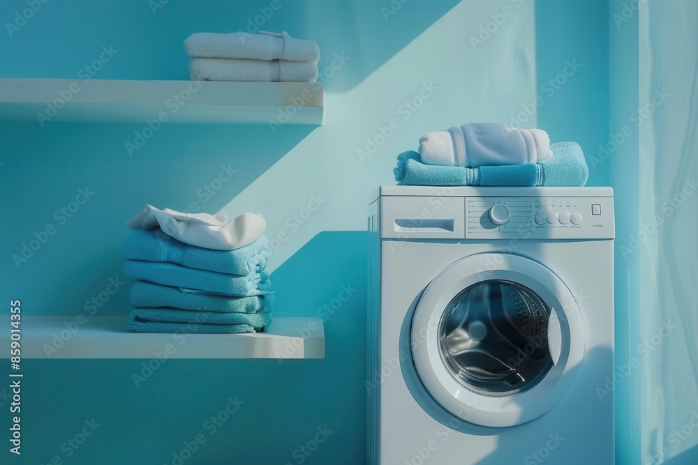 Poster a white washing machine is situated in a laundry room. on a shelf above the machine, there are neatl