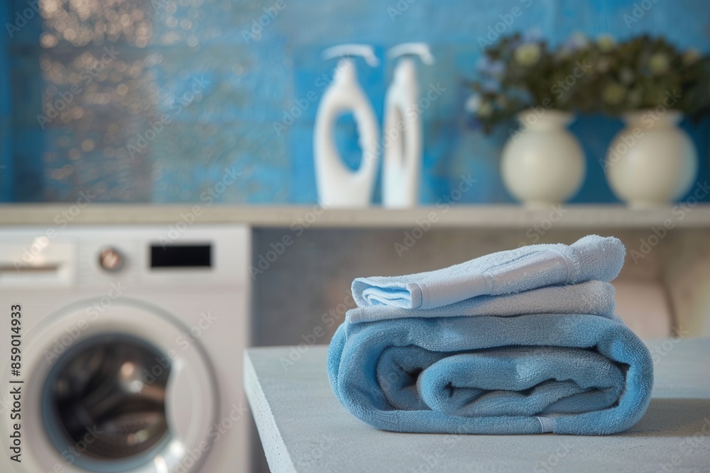 Poster A stack of neatly folded blue towels are placed on a countertop with a washing machine in the background. Generative AI