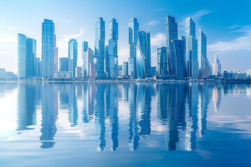 Fototapeta premium Modern city skyline with skyscrappers and reflection created with Generative AI