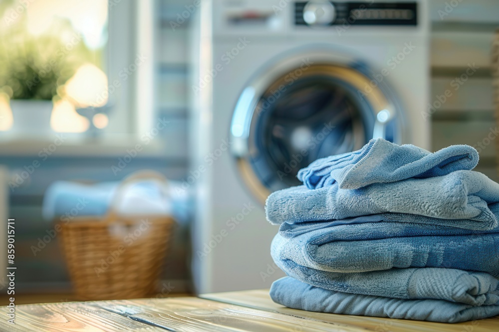 Poster a stack of neatly folded, clean blue laundry sits on a wooden table in front of a washing machine. g