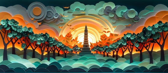 Exquisite paper art depiction of Vientiane's Patuxai, featuring the iconic war monument and surrounding park in a meticulously crafted and vibrant paper design. Illustration, Minimalism,