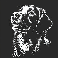 A black and white drawing of a golden retriever dog