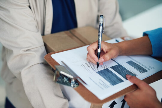 Signature, hands and box with clipboard for delivery with order, parcel and courier. Customer, document and people or invoice for details with cargo, express service or online shopping with agreement