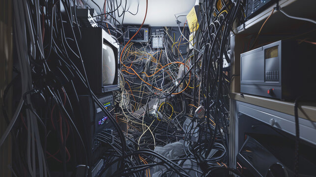 A chaotic server room filled with tangled cables and outdated equipment, showcasing the complexities of managing old technology.