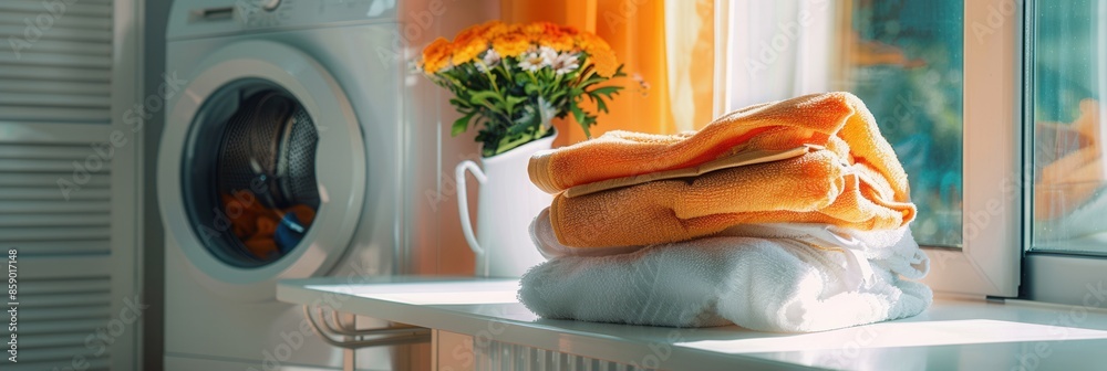 Poster neatly folded laundry sits on a countertop next to a white washing machine in a sunny kitchen. gener