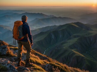 Man standing on a mountaintop overlooking a valley at sunset. AI.