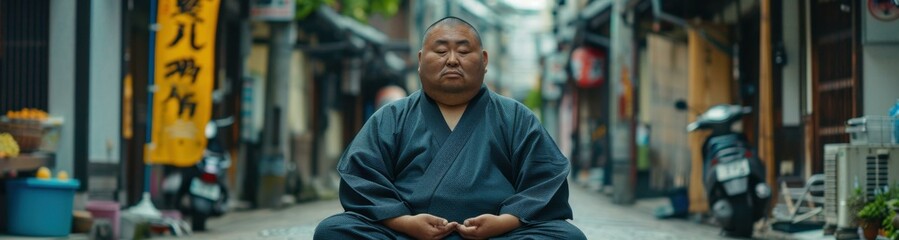 Fototapeta premium A sumo wrestler sits in meditation on a busy street in Japan. AI.