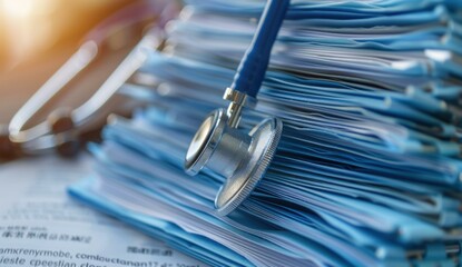 Close-up of a stethoscope on a stack of medical documents. AI.