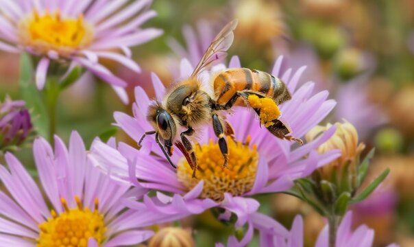 Bee pollinating a purple aster flower. AI.
