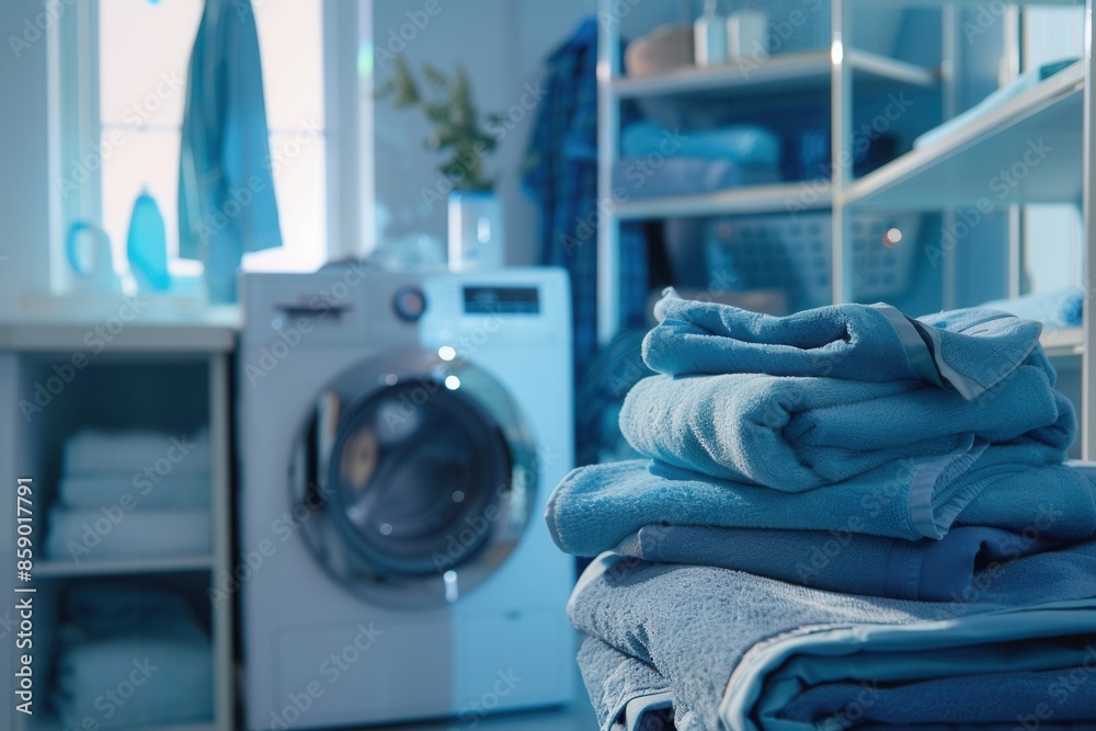 Aufkleber A stack of freshly folded towels sits in front of a washing machine in a laundry room. Generative AI