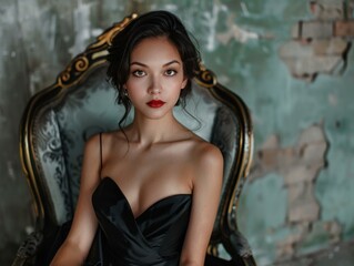 Fototapeta premium Portrait of a beautiful young woman in a black dress sitting in a chair. AI.