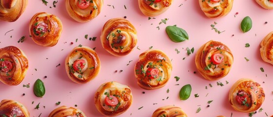 Pizza rolls, rising, bullet shot, solid pastel background