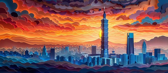 Obraz premium Intricate paper cut artwork of Taipei 101, showcasing the towering skyscraper against the backdrop of a bustling cityscape in a beautifully detailed and colorful style. Illustration, Minimalism,