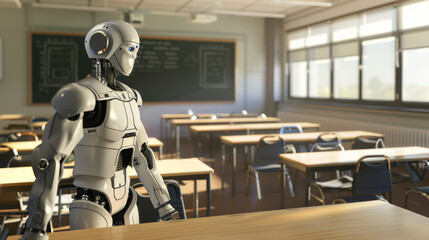 Advanced humanoid robot in a classroom, exuding a futuristic yet educational atmosphere with an empty, modern learning space.