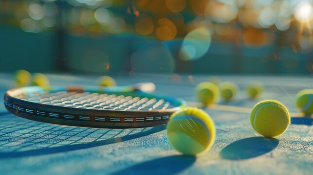 Tennis rackets and balls are on the court.