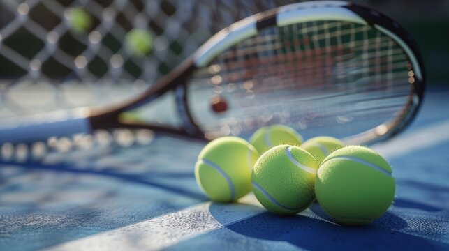 Tennis rackets and balls are on the court.