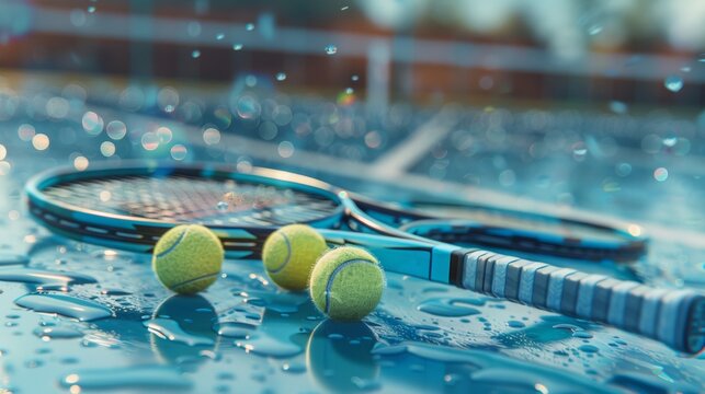 Tennis rackets and balls are on the court. - Powered by Adobe