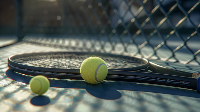 Tennis rackets and balls are on the court.