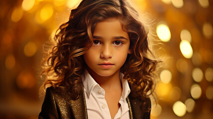 Fototapeta premium Portrait of a cute happy Hispanic latino boy child with long hair and perfect skin, golden background, banner.