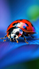 Fototapeta premium Trending macro shot of a vibrant ladybug on a striking blue petal