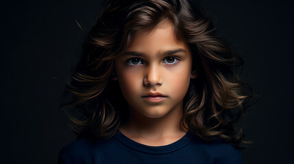 Fototapeta premium Portrait of a cute happy Hispanic Latino boy child with long hair and perfect skin, dark blue background, banner.