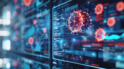 A digital representation of a virus on a screen with data visualizations, depicting the impact of a pandemic.