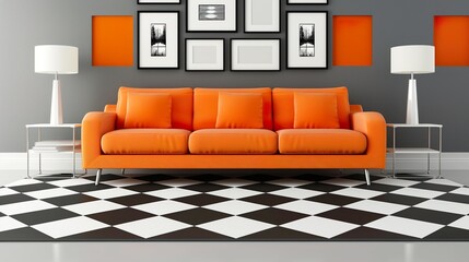 Modern living room interior vibrant orange sofa colorful pillows artistic wall decor stylish design