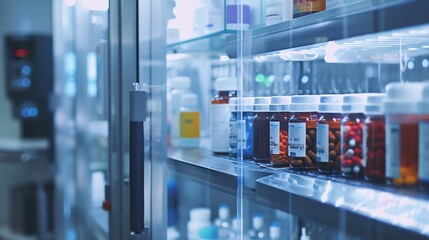 A glass-door refrigerator stocked with rows of colorful bottles and vials, showcasing a variety of medications.