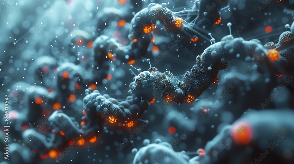 Poster Abstract 3D render of a futuristic cellular structure, with glowing orange and white particles.