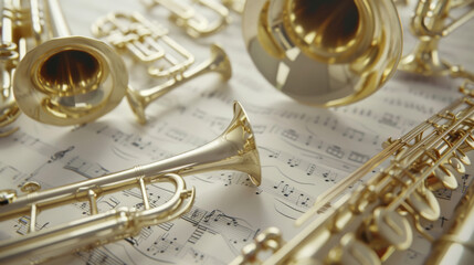 Naklejka premium A close-up view of brass instruments placed on sheet music, highlighting their gleaming surfaces and intricate designs.
