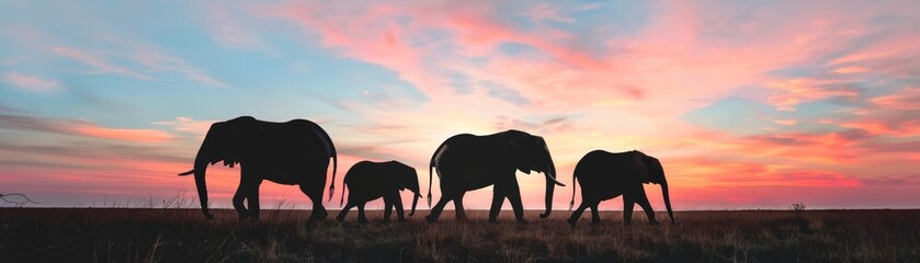 Fototapeta premium Elephant Family Silhouette at Sunset
