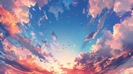 Stunning digital illustration of a vibrant sunset sky with colorful clouds and flying birds, filled with serene and captivating beauty.