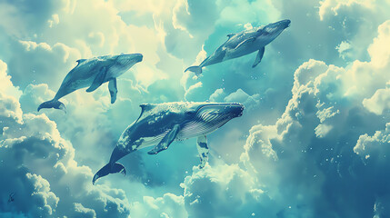 Surreal artwork of whales swimming through a dreamlike sky filled with fluffy clouds, merging land and sea in an ethereal scene.