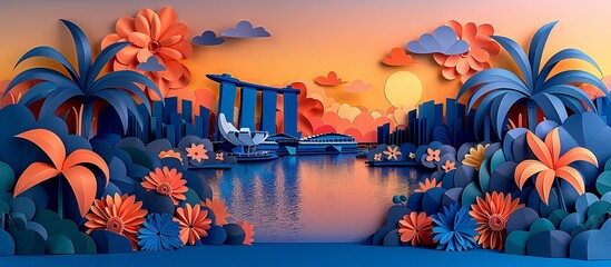 Vivid paper art depiction of Singapore's Marina Bay Sands, featuring the iconic architecture, lush gardens, and vibrant cityscape in a highly detailed and colorful design. Illustration, Minimalism,