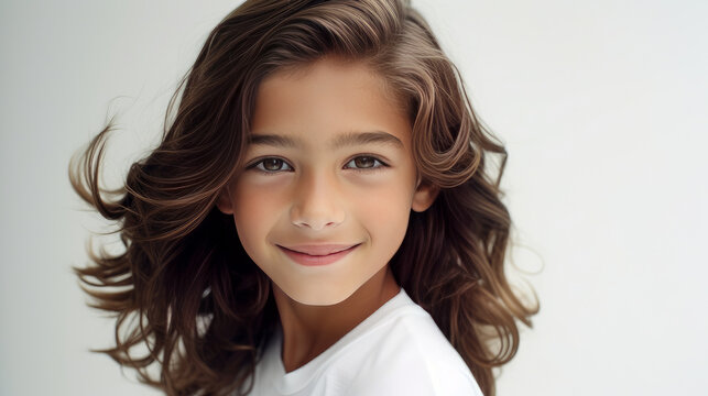 Portrait of a cute happy Hispanic Latino boy child with long hair and perfect skin, white background, banner.