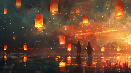 Two people holding hands and watching glowing lanterns float into the night sky over a calm lake, creating a serene and magical atmosphere.
