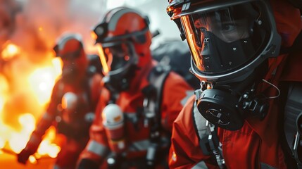 Firefighters in full gear battling a blaze, showcasing their bravery and dedication to safety.