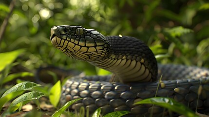 Fototapeta premium 3d King Cobra Black Snake The world's longest venomous snake isolated on green background, King cobra snake 3d illustration, King cobra snake 3d Rendering. 