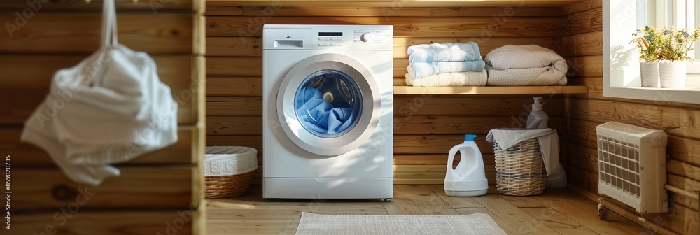 Poster a washing machine is running in a wooden laundry room. clean laundry is folded neatly on a shelf. ge