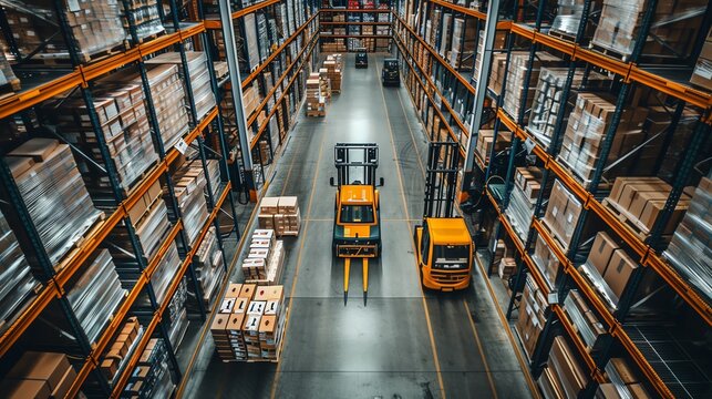 Two forklifts working in a large warehouse with high shelves.