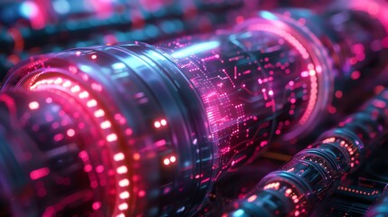 Abstract futuristic cyberpunk technology background with glowing lights.