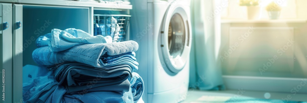 Poster a stack of neatly folded clean laundry sits beside a washing machine in a bathroom. the laundry is f