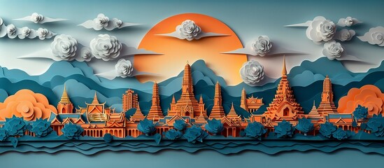 A detailed paper craft of Bangkok cityscape, this illustration captures the essence of Thailand's capital with its stunning temples, bustling markets, and modern skyline. Illustration, Minimalism,