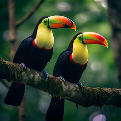 Fototapeta premium Beautiful couple of toucans on a branch in the forest