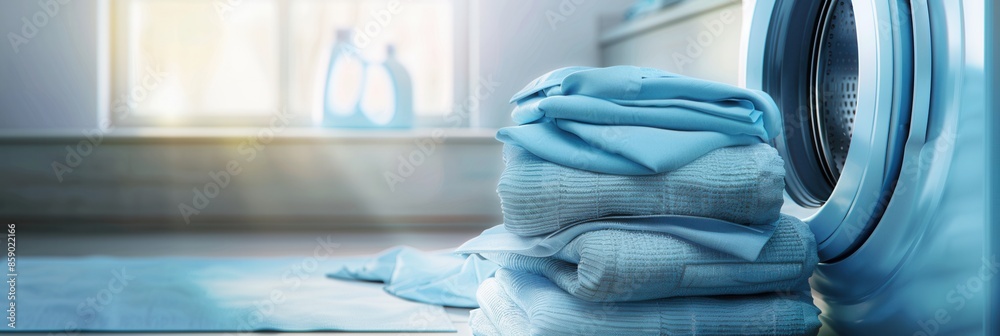 Aufkleber A stack of neatly folded clean laundry sits in front of a blue washing machine. The setting appears to be a bathroom with a window in the background. Generative AI